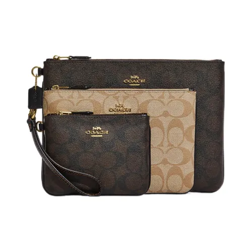 COACH Pouch ICONIC Холст с покрытием и гладкая кожа 3 в 1 Запястье Клатч Средний Женский Светлый хаки и Коричневый