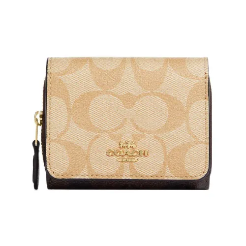 COACH Тройная складная кошелек Холст с покрытием и гладкая кожа Детали Держатель для карт кошелек Маленький Женский Светлый хаки и Коричневый