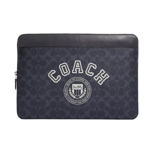 COACH Покрытый холст с утонченной телячьей кожей клатч сумка для ноутбука большая женская деним и мел белый