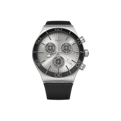 SWATCH Metal Series Кварцевый механизм Мужские часы Серебристый циферблат Корпус из нержавеющей стали Резиновый ремешок
