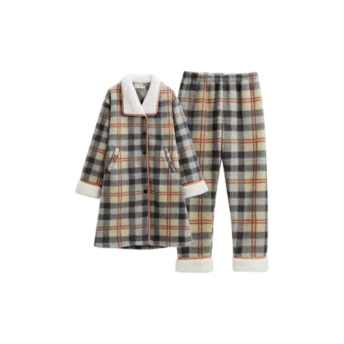 Q'NIANMA Зеленый Серый Клетка Женские Пижамные Комплекты