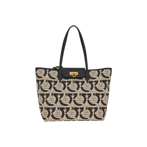 Ferragamo Ткань с коровьей кожей Тоут Сумка Сумка для покупок Сумка на плечо Сумка Женская Черная