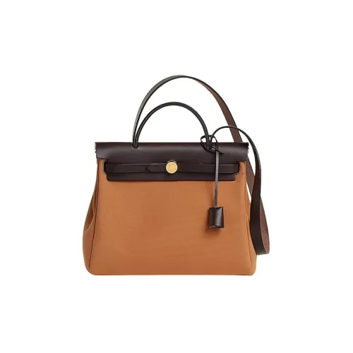 HERMES Herbag Zip Retourne Холст с кожей Сумка Унисекс Дюна Желтый Слон Серый Эбеновый