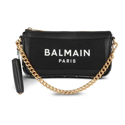 BALMAIN B Army Холст Телячья кожа Комбинированная сумка Портативная Одно плечо Через плечо Клатч Женский Черный