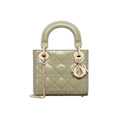 DIOR Lady Dior Лакированная кожа Коровья кожа Сумка Lady Dior Сумка через плечо Сумка Мини Женская Серо-зеленая
