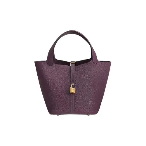 HERMES Picotin Lock TC Кожа Корзина Сумка Ведрообразная Сумка Сумка 22 Женская N5 Черная Смородина