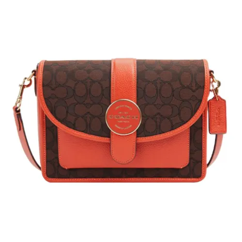 COACH Lonnie Ткань Коровья Кожа Маленькая Квадратная Сумка Сумка через плечо Средняя Женская Коричневая и Оранжево-Красная
