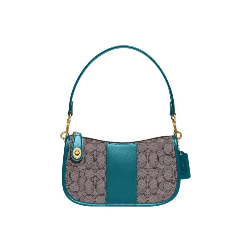 COACH Swinger Ткань с кожаными вставками Сумка через плечо Сумка среднего размера Женская Серый и Синий
