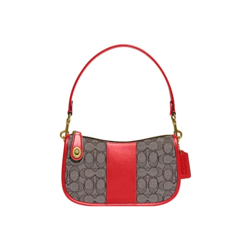 COACH Swinger Ткань с кожаными вставками Сумка через плечо Сумка среднего размера Женская Серый и Красный