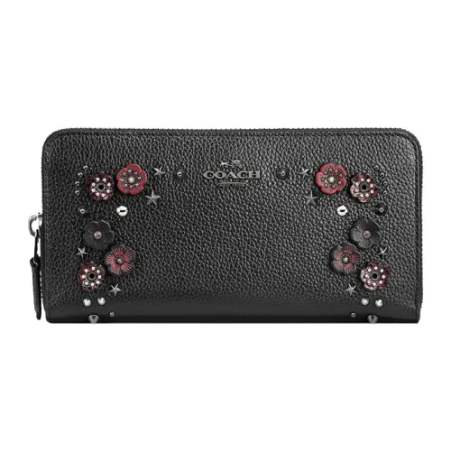 COACH Accordion Zip Lychee Suede Leather Clutch Wallet Women's Black