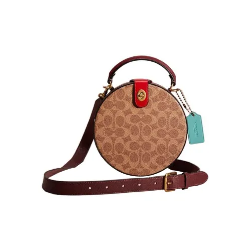 COACH Круг Монограмма Холст с кожей Сумка через плечо Сумка Маленькая Женская Коричневая и Красная