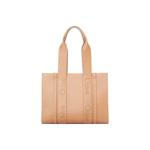 Chloe Woody Smooth Calfskin Tote Bag Shopping Bag Shoulder Bag Handbag Medium Women's Light Brown Umber