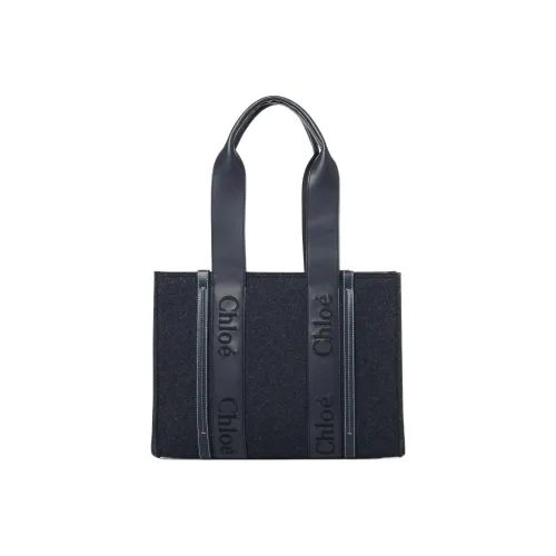 Chloe Woody Телячья кожа Тоут Сумка Сумка для покупок Сумка на плечо Сумка среднего размера Женская Темно-синяя