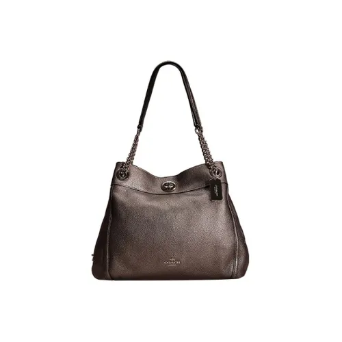 COACH Turnlock Полированная Галечная Кожа Сумка через плечо Большая Женская Металлическая Графитовая
