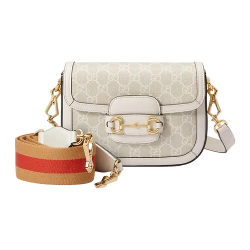 GUCCI Horsebit 1955 Холст с кожей Комбинированный Седло Сумка Сумка через плечо Мини Женская Бежевая