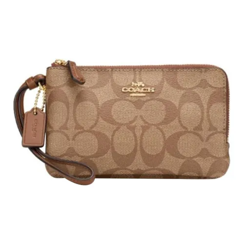 COACH Double Zip Wallet Classic Monogram Холст с кожей Маджонг Сумка Кошелек Клатч Сумка Маленький Унисекс Faux Золотой Хаки