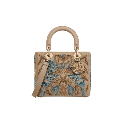 DIOR Lady Dior Вышивка с коровьей кожей Сумка Lady Dior Сумка через плечо Сумка среднего размера Женская Бежевая