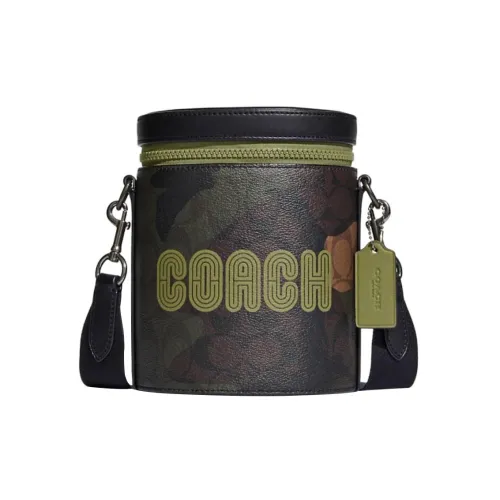 COACH BARREL Покрытый холст с гладкой телячьей кожей ведрообразная сумка сумка через плечо мини мужская оливково-зеленый
