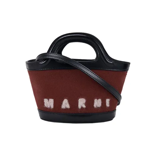 MARNI Сумка из ткани с коровьей кожей женская красно-коричневого цвета