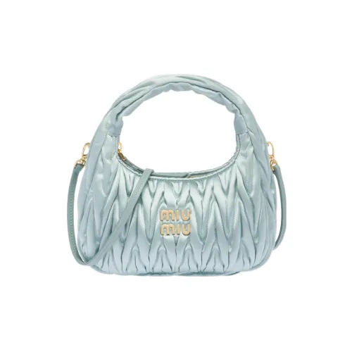 MIU MIU Wander Series Сатин с кожаной вставкой Хобо Сумка Сумка через плечо Сумка Сумка через плечо Стандартная Женская Озерный Синий