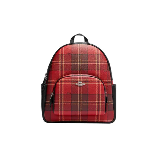 COACH Корт Printed Покрытый холст с утонченной кожей большой рюкзак для женщин красный и черный