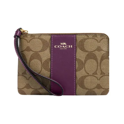 COACH Corner Zip Холст и Кожа Кошелек для монет клатч сумка на запястье маленький женский коричневый и фиолетовый