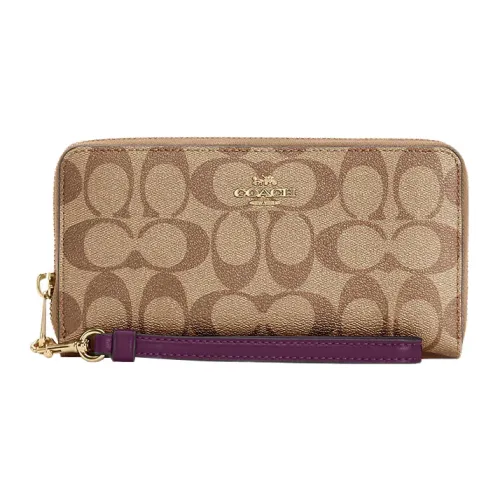 COACH Zip Around Подпись Холст с покрытием и гладкая кожа Кошелек для монет сумка на запястье клатч кошелек женский коричневый