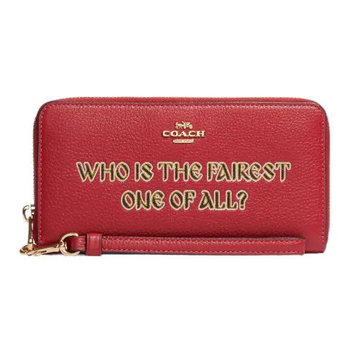 COACH Disney Коллаборация Zip Around Утонченный Галечная кожа с Покрытый холст Запястье Сумка Клатч Кошелек Женские Красный
