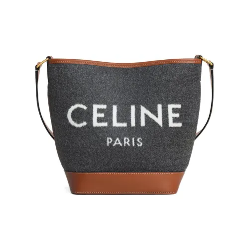 CELINE Сумка-ведро из ткани с коровьей кожей сумка через плечо маленькая женская серый бежевый