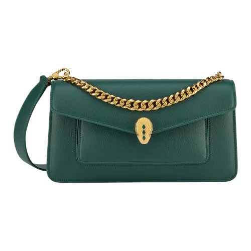 BVLGARI SERPENTI East West Крупнозернистая текстура Телячья кожа Ручная Сумка через плечо Сумка на плечо Сумка среднего размера Женская Зеленая