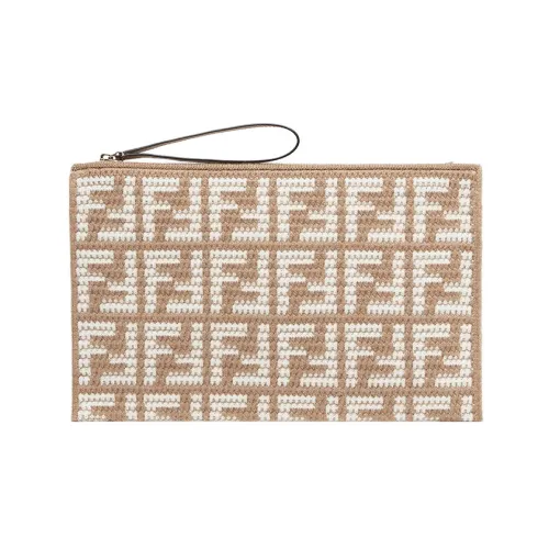 FENDI Клатч из коровьей кожи с кашемиром большой женский коричневый