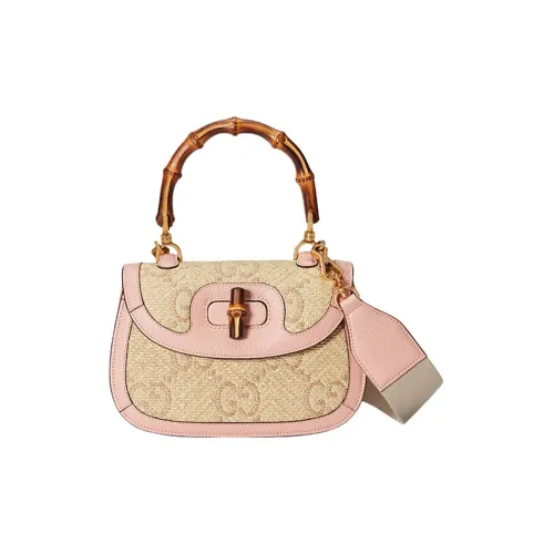 GUCCI Bamboo 1947 Рафия с кожаными вставками Сумка через плечо Сумка Маленькая Женская Розовая Бежевая