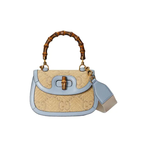 GUCCI Bamboo 1947 Рафия с кожаными вставками Сумка через плечо Сумка Маленькая Женская Светло-синяя Бежевая