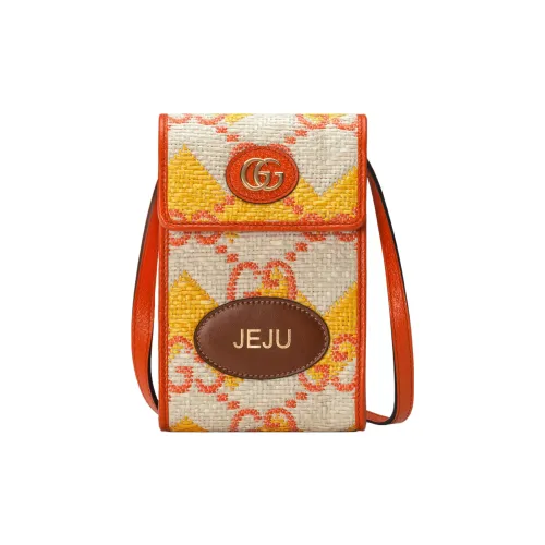 GUCCI Солома с кожаными вставками комбинированный чехол для телефона сумка через плечо мини женский бежевый оранжевый