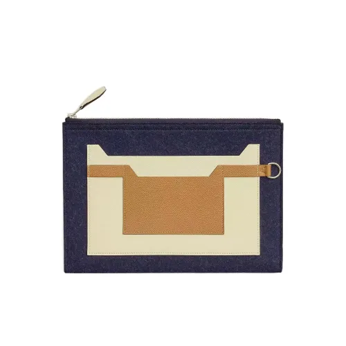 HERMES Toodoo Шерстяной войлок с Epsom Телячья кожа Клатч Мужской Полночный синий Цвет печенья Кремово-белый