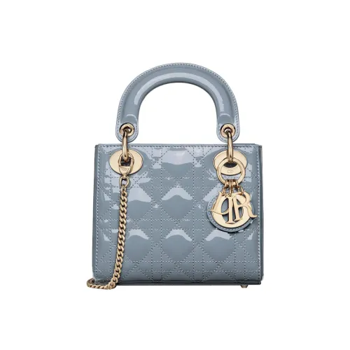 DIOR Lady Dior Лакированная кожа Коровья кожа Сумка Lady Dior Сумка через плечо Сумка Мини Женская Пудрово-голубая