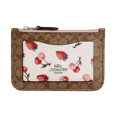 COACH Zip Top Card Case Холст с кожей Картхолдер Монетница Мини Женский Хаки и Белый