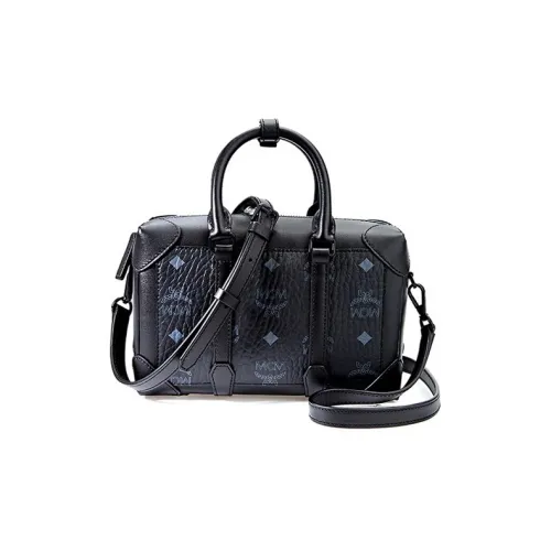 MCM Visetos Покрытый холст с кожаными вставками Сумка для коробок Бостонская сумка Сумка через плечо Сумка Маленькая Женская Черная