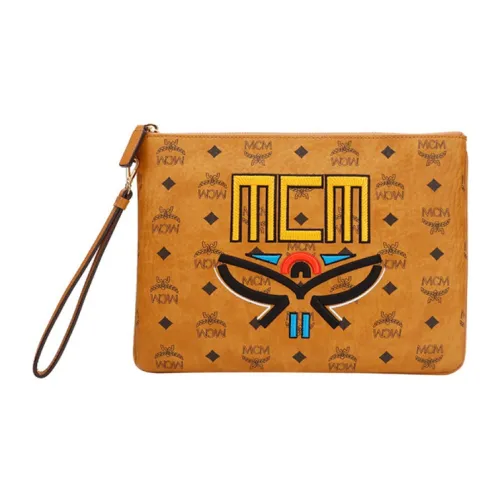 MCM Stark Visetos Телячья кожа Запястье Сумка Клатч Средний Мужской Коньяк