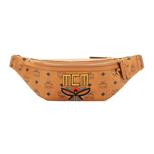 MCM Fursten Visetos Покрытый холст Одно плечо Через плечо Бананка Средний Женские Коричневый коньячный