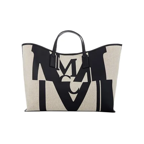 MCM Aren Ткань с коровьей кожей Тоут Сумка Сумка для покупок Комбинированная сумка Сумка на одно плечо Средний размер Женская Черная