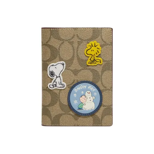 COACH Peanuts Снупи Коллаборация Покрытый холст Сумка для документов Passport HOLDER Мини Мужской Хаки