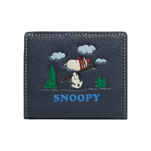 COACH Peanuts Снупи Коллаборация Snap Wallet Утонченный Pebble Кожаный Держатель для карт кошелек Мини Женский Темно-синий