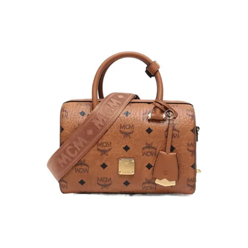 MCM Кожа Холст Бостон Сумка Сумка через плечо Сумка через плечо Маленькая Унисекс Коричневый Коньячный
