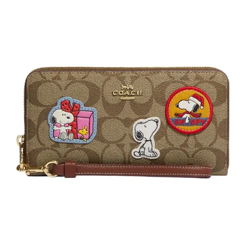 COACH Peanuts Снупи Коллаборация Zip Around Холст с кожей Держатель для карт кошелек Женские Хаки