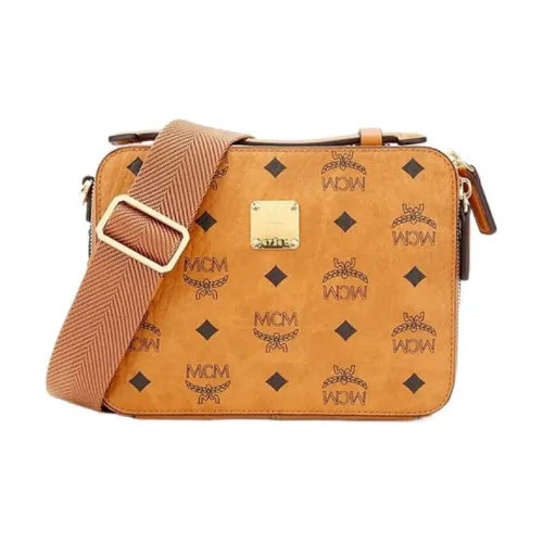 MCM Klassik Visetos Кожаная отделка Коробка Сумка через плечо Маленькая Женская Коричневая Коньячная