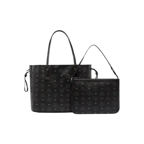 MCM Liz Visetos Холст с кожей Комбинированная сумка Тоут Сумка Сумка для покупок Сумка Сумка через плечо Средний Женская Черная