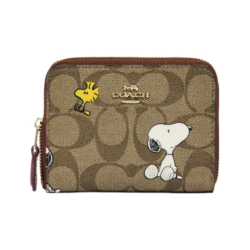 COACH Peanuts Снупи Коллаборация Zip Around Холст с кожей Держатель для карт кошелек Маленький Мужской Хаки