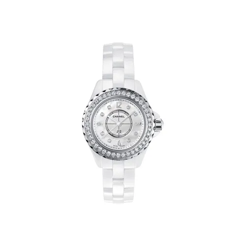 CHANEL Часы J12, 29 Мм Белая Высокопрочная Керамика И Сталь, Безель С Бриллиантами, Часовые Метки Из Бриллиантов, Белый Перламутровый Циферблат