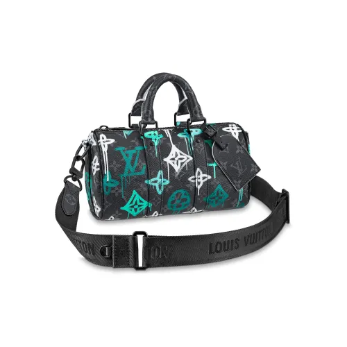 LOUIS VUITTON Keepall Покрытый холст с коровья кожа комбинированная сумка через плечо сумка мужская черный синий